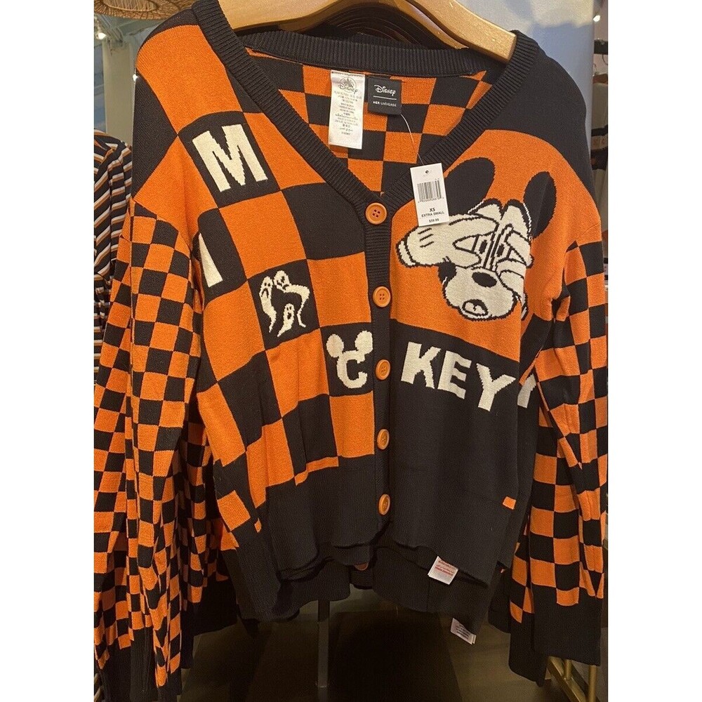 Disney Parks Halloween 2024 Sweater Cardigan medium Scared Mickey Checke…